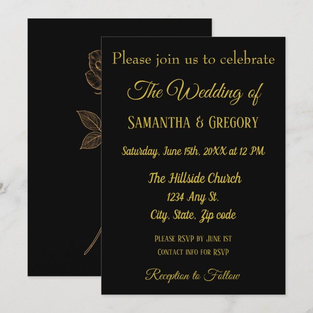 Invitación de boda elegante simple dorada y negra (Anverso / Reverso)