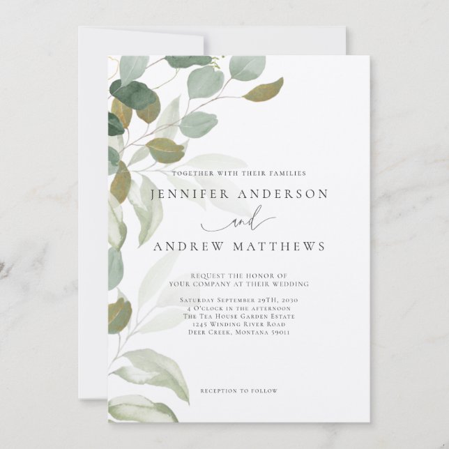 Invitación de Boda Elegante Suculenta Verde Eucali (Anverso)
