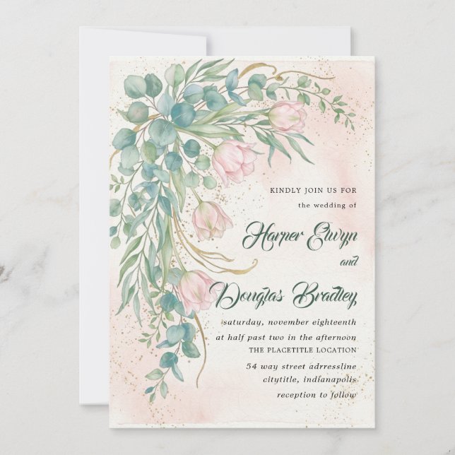 Invitación de Boda Elegante Tulipán Verde (Anverso)