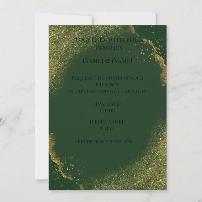 Invitación de boda elegante verde con destellos de (Anverso)