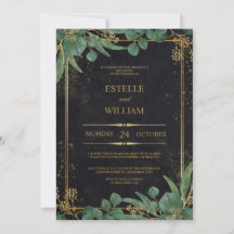 Invitación de boda elegante verde esmeralda y dora