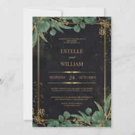 Invitación de boda elegante verde esmeralda y dora
