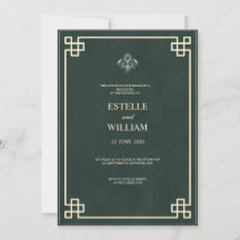 Invitación de boda elegante verde esmeralda y dora