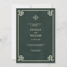 Invitación de boda elegante verde esmeralda y dora