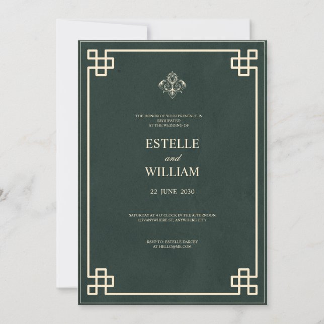 Invitación de boda elegante verde esmeralda y dora (Anverso)