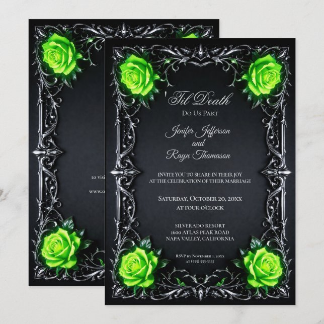 invitación de boda elegante verde gótica (Anverso / Reverso)