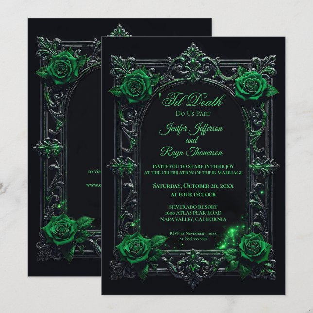 invitación de boda elegante verde gótica (Anverso / Reverso)
