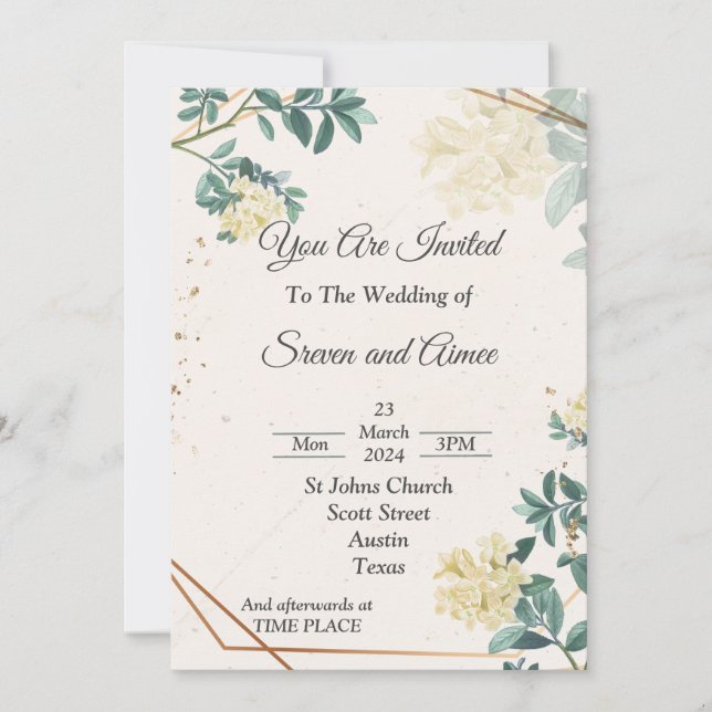 Invitación de boda elegante, verde simple beige (Anverso)