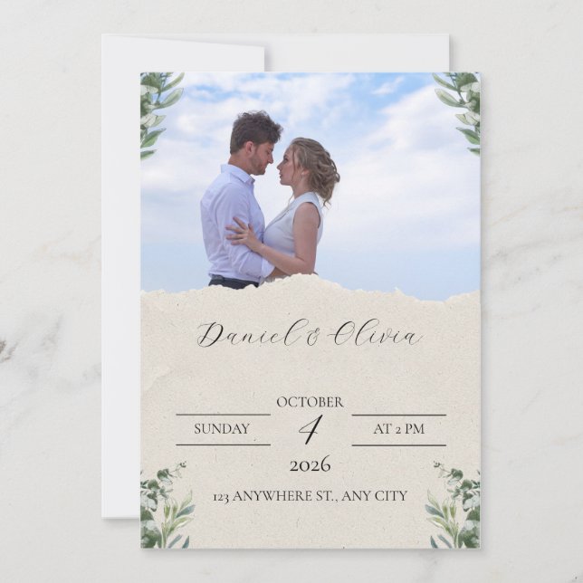 Invitación de boda elegante verde y blanca (Anverso)