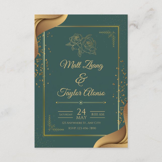 Invitación de boda elegante verde y dorada (Anverso)