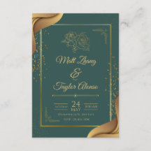 Invitación de boda elegante verde y dorada