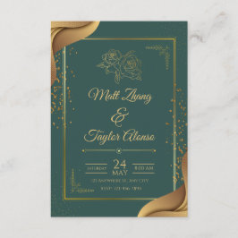 Invitación de boda elegante verde y dorada