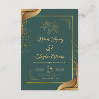 Invitación de boda elegante verde y dorada