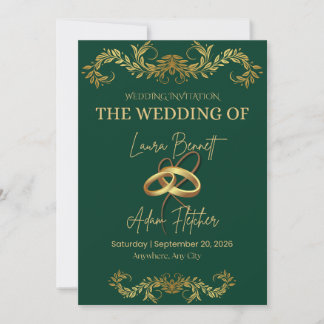 Invitación de boda elegante verde y dorada | Perso