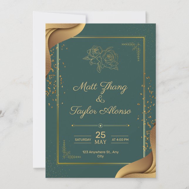 Invitación de boda elegante verde y dorado (Anverso)