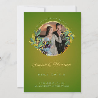 Invitación de boda elegante verde y dorado | Perso