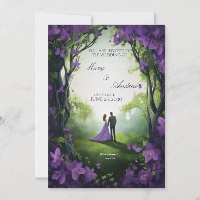 Invitación de boda elegante verde y violeta (Anverso)