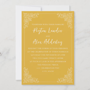 Invitación de boda elegante vintage dorada blanca