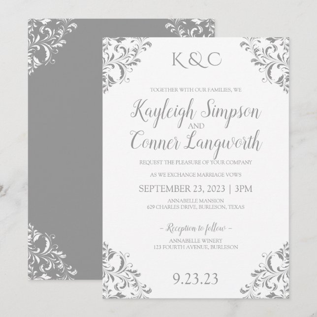 Invitación de boda elegante vintage | Gris (Anverso / Reverso)