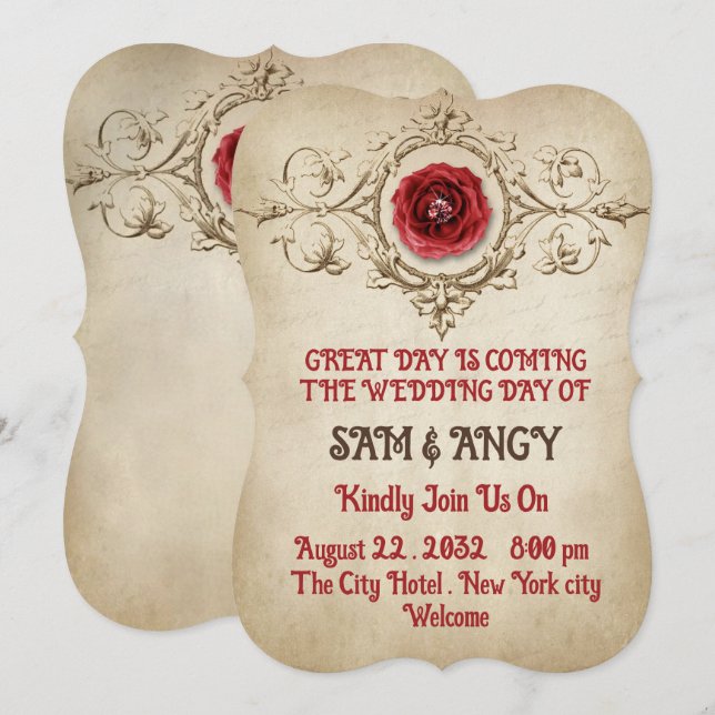 Invitación de boda elegante vintage Rosa Medieval (Anverso / Reverso)