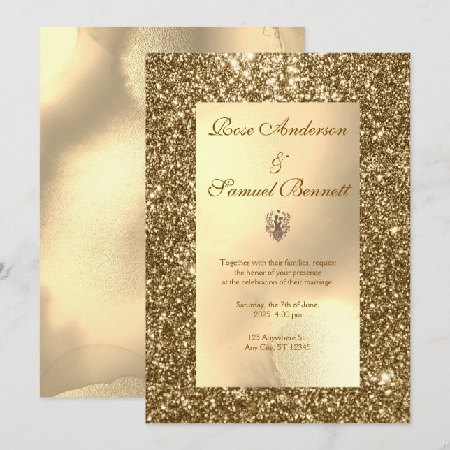 Invitación de boda elegante y chic con brillo dora (Anverso / Reverso)