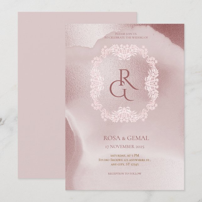 Invitación de boda elegante y chic rosa (Anverso / Reverso)