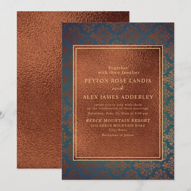 Invitación de boda elegante y con estilo de damasc (Anverso / Reverso)