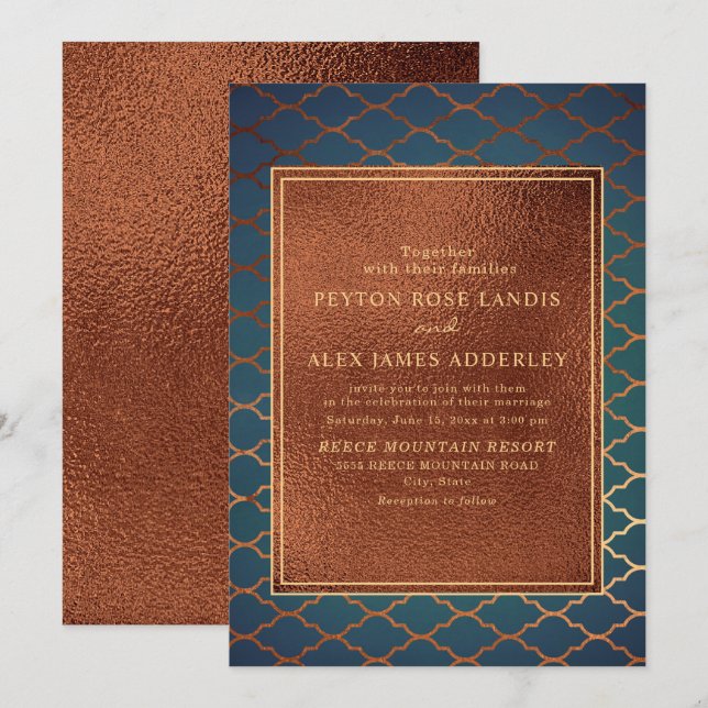 Invitación de boda elegante y con estilo en cobre, (Anverso / Reverso)