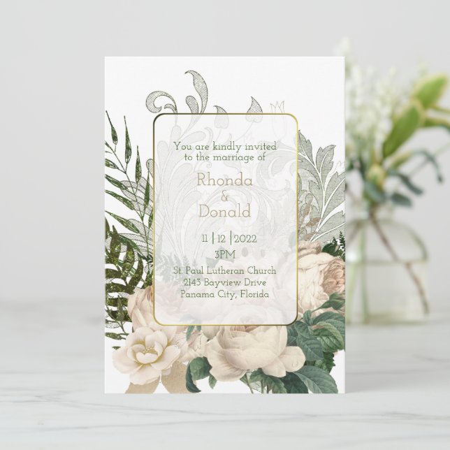 Invitación de boda Elegantes Rosas de Marfil (Anverso de pie)