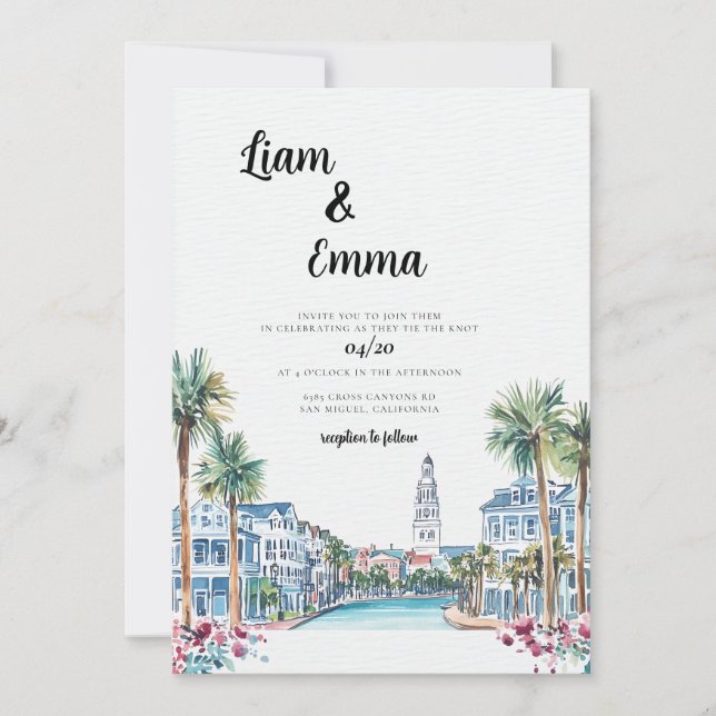 Invitación de boda en acuarela Charleston SC (Anverso)