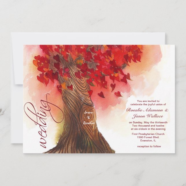 invitación de boda en árbol de corazones (Anverso)
