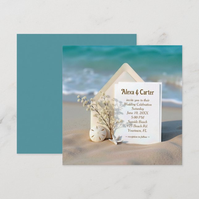 Invitación De Boda En Arena De Playa Con Starfish (Anverso / Reverso)