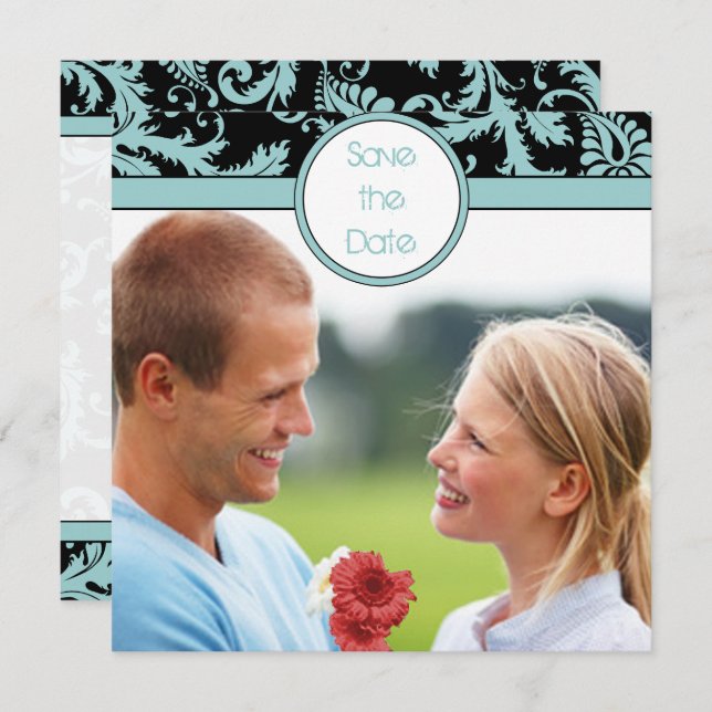 Invitación de boda en damasco azul acuático sobre  (Anverso / Reverso)