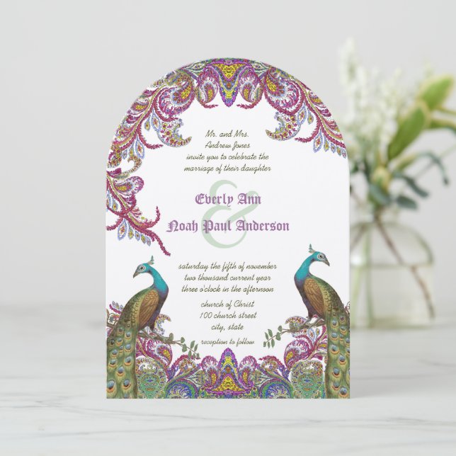 Invitación de boda en damasco verde lima y frambue (Anverso de pie)