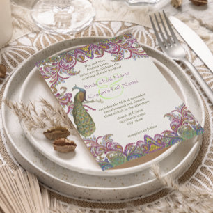 Invitación de Boda en Damasco Verde y Frambuesa