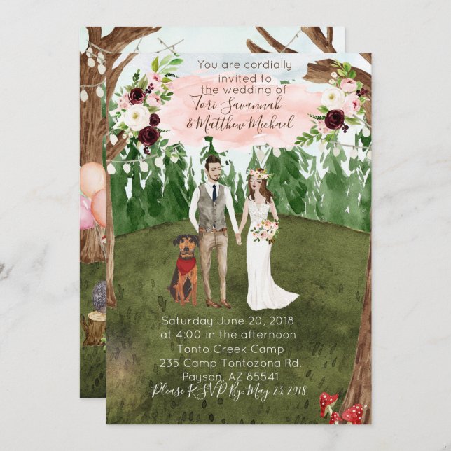 Invitación de boda en el bosque con perro (Anverso / Reverso)
