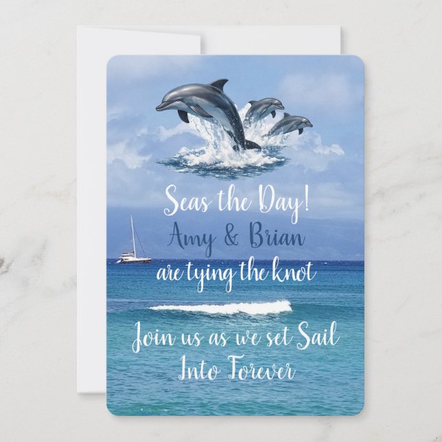 Invitación de Boda en el Océano con 3 Delfines Apr (Anverso)