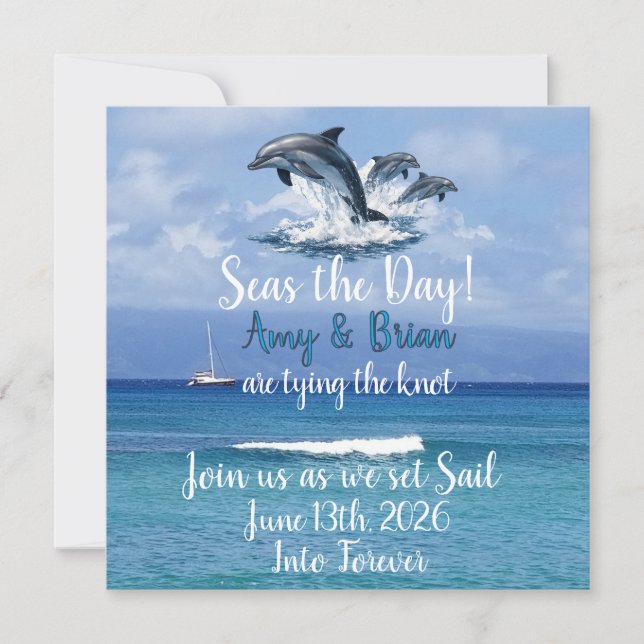 Invitación de Boda en el Océano con 3 Delfines Apr (Anverso)