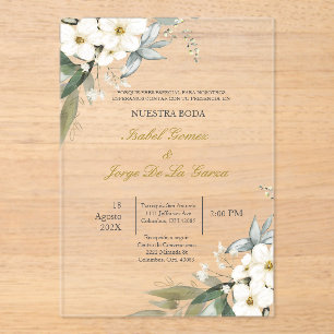 Invitación de boda en espanol con flor blanca