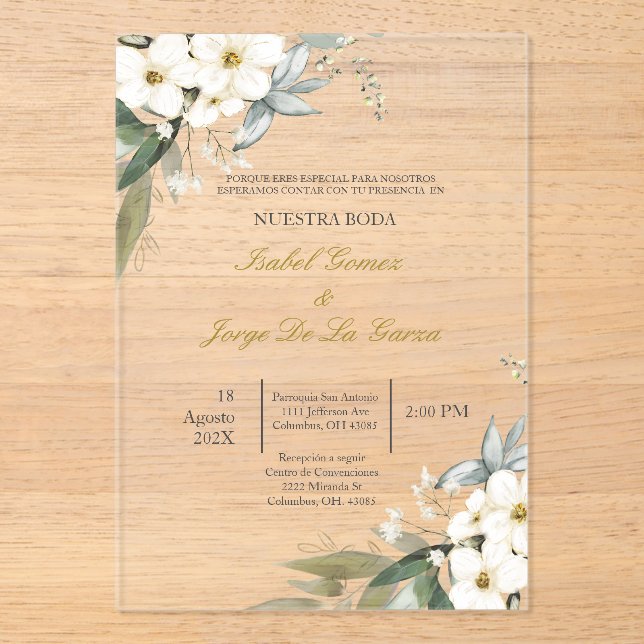 Invitación de boda en espanol con flor blanca (Anverso)