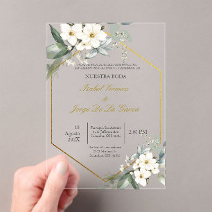 Invitación de boda en espanol con flor blanca