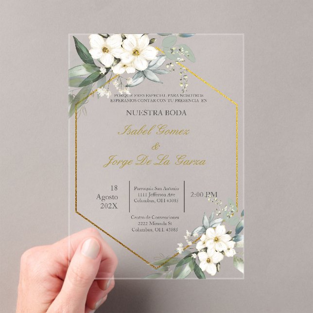 Invitación de boda en espanol con flor blanca (Insitu (portátil))