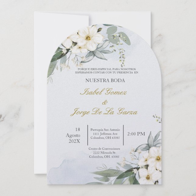 Invitación de boda en espanol con flor blanca (Anverso)