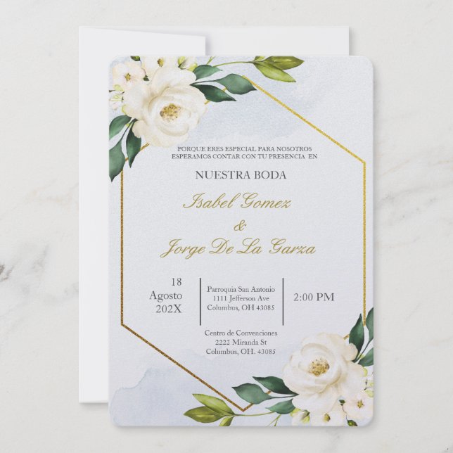 Invitación de boda en espanol con flor blanca (Anverso)