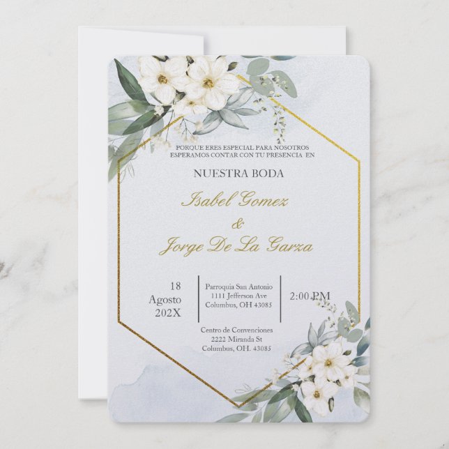 Invitación de boda en espanol con flor blanca (Anverso)