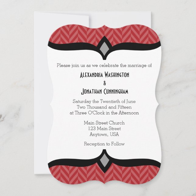 Invitación de boda en espina de arenque roja y bla (Anverso)