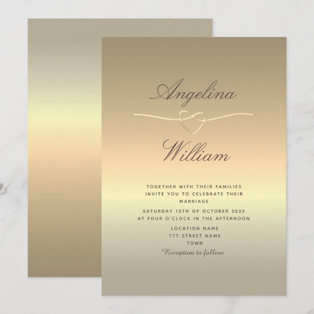 Invitación de boda en falso oro con letra elegante (Anverso / Reverso)