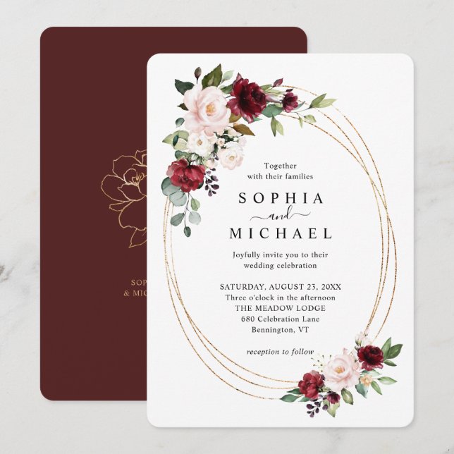 Invitación de boda en forma ovalada de oro floral  (Anverso / Reverso)