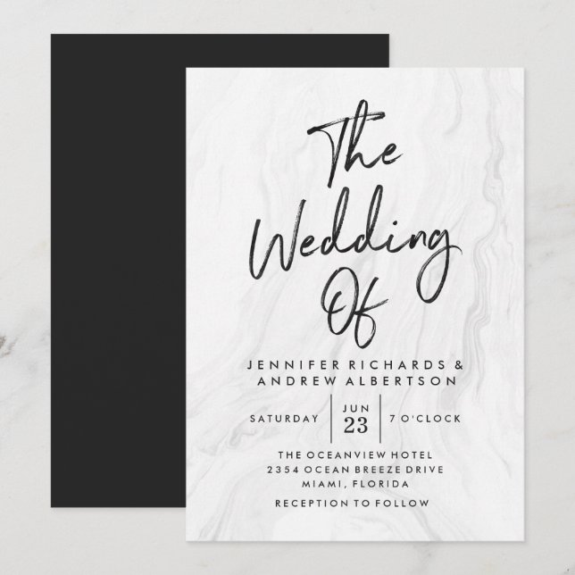 Invitación de boda en guión de mármol blanco moder (Anverso / Reverso)