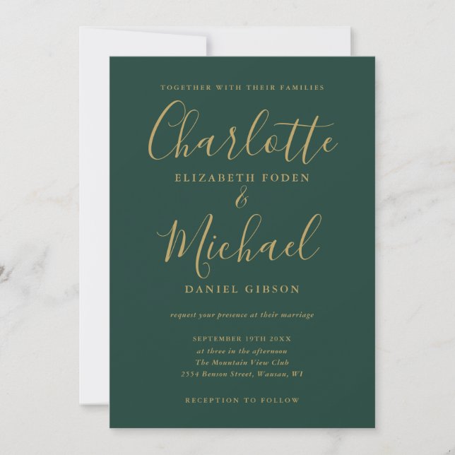 Invitación de boda en guión de oro verde esmeralda (Anverso)